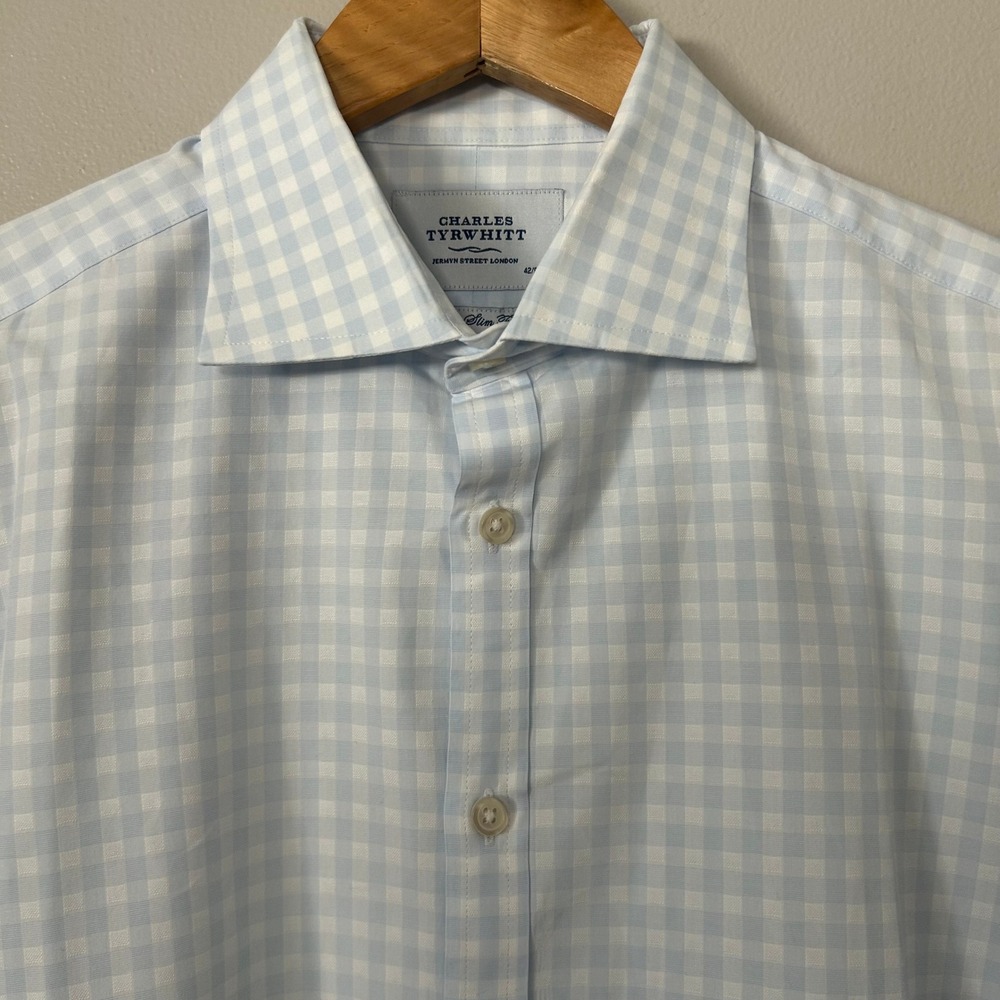 Charles Tyrwhitt Dress Shirt Mens 16.5/36 Blue Gingham Extra Slim French Cuff